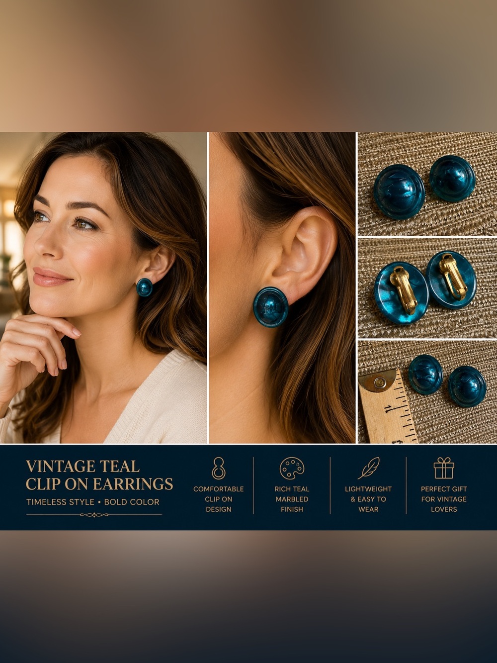 Vintage Teal Blue Lucite Clip On Earrings Dome Cabochon Retro Statement Jewelry